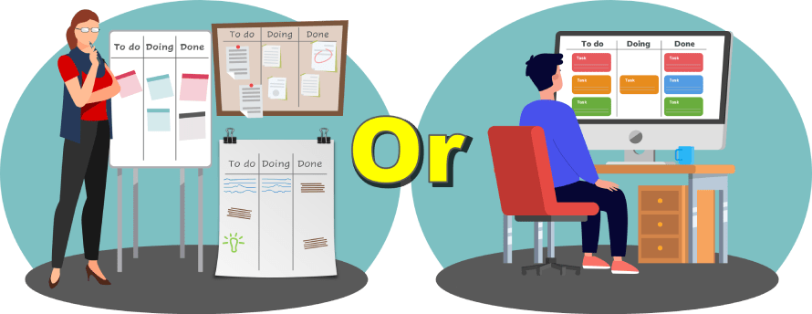 Comparison of physical and digital Kanban boards with tasks under To Do, Doing, and Done columns.